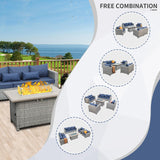 WAROOM Patio Furniture Set 5 Piece Grey Wicker Outdoor Furniture with Fire Pit Table, Patio Sectional Sofa Couch Sets Backyard Deep Seating PE Rattan Chairs, Navy Blue Cushion WAROOM