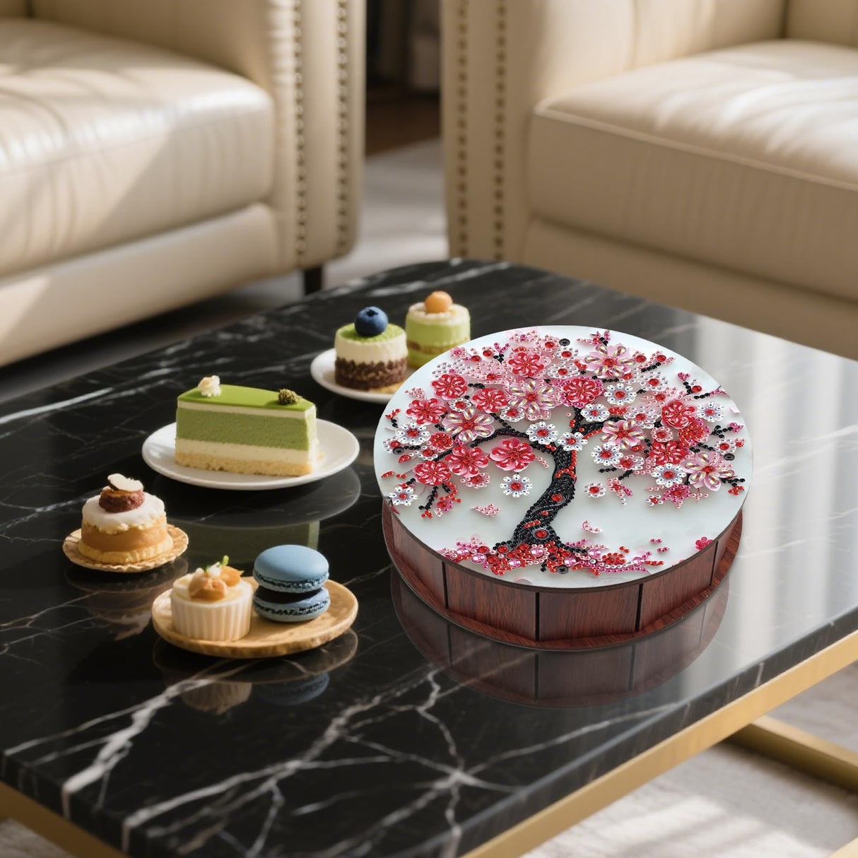 antor 5D Diamond Painting Snack Storage Box – Cherry Blossom Tree Design Round Wooden Container with Lid – Floral Elegant Crystal Rhinestone Art Craft Gift for Adults antor
