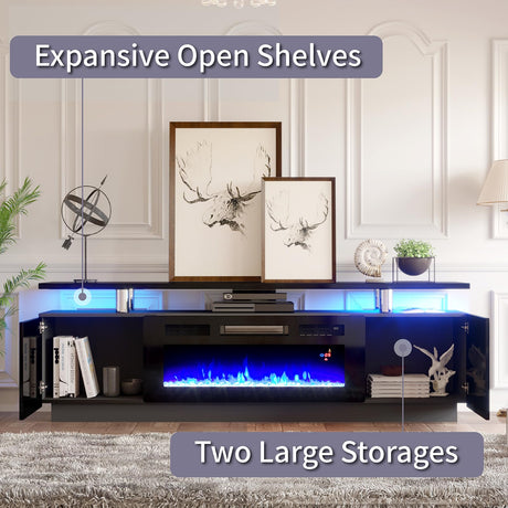 AMERLIFE Fireplace TV Stand with 36" Fireplace, 70" Modern High Gloss Fireplace Entertainment Center LED Lights, 2 Tier TV Console Cabinet for TVs Up to 80", Obsidian Black AMERLIFE