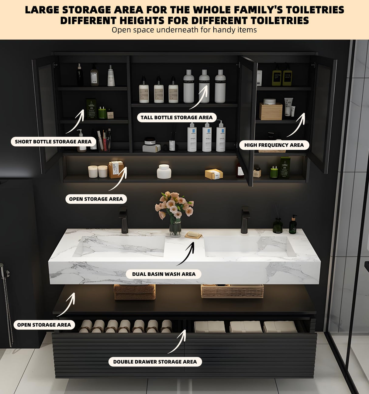 Double Sink Bathroom Vanity, Floating Bathroom Vanity with LED Smart Defogging Mirror and One-Piece Sink, Modern Bathroom Vanities with Open Floating Shelf, Rock Countertop & Faucet (Black,72") LUTHXAY