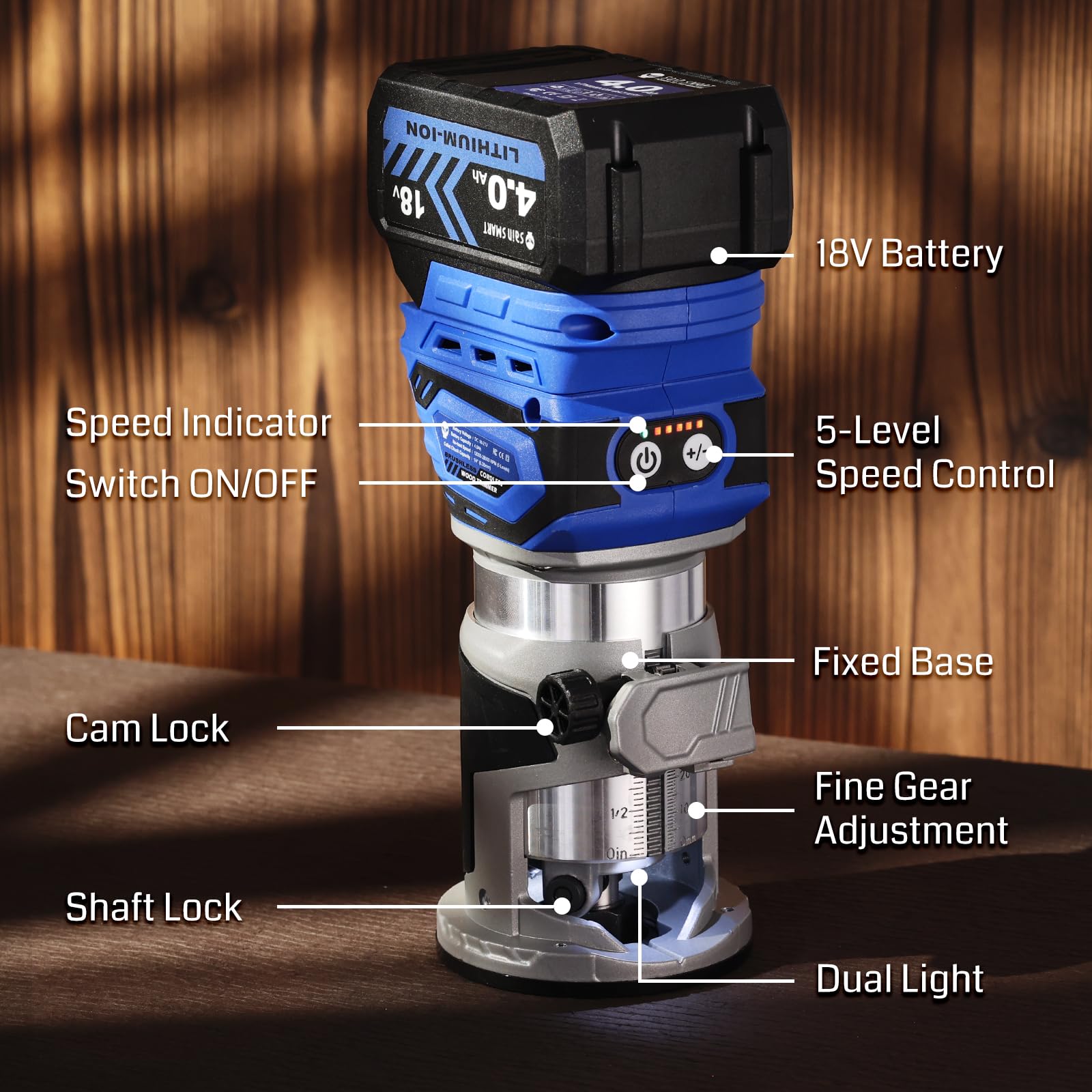 SainSmart Cordless Router With 2PCS Batteries, 18V-21V Brushless Compact Router Wood Tool, Fixed Base, 5 Level Speeds, 28000 R/MIN MAX, with 1/4” Collet, for CNC Woodworking & DIY Project - WoodArtSupply