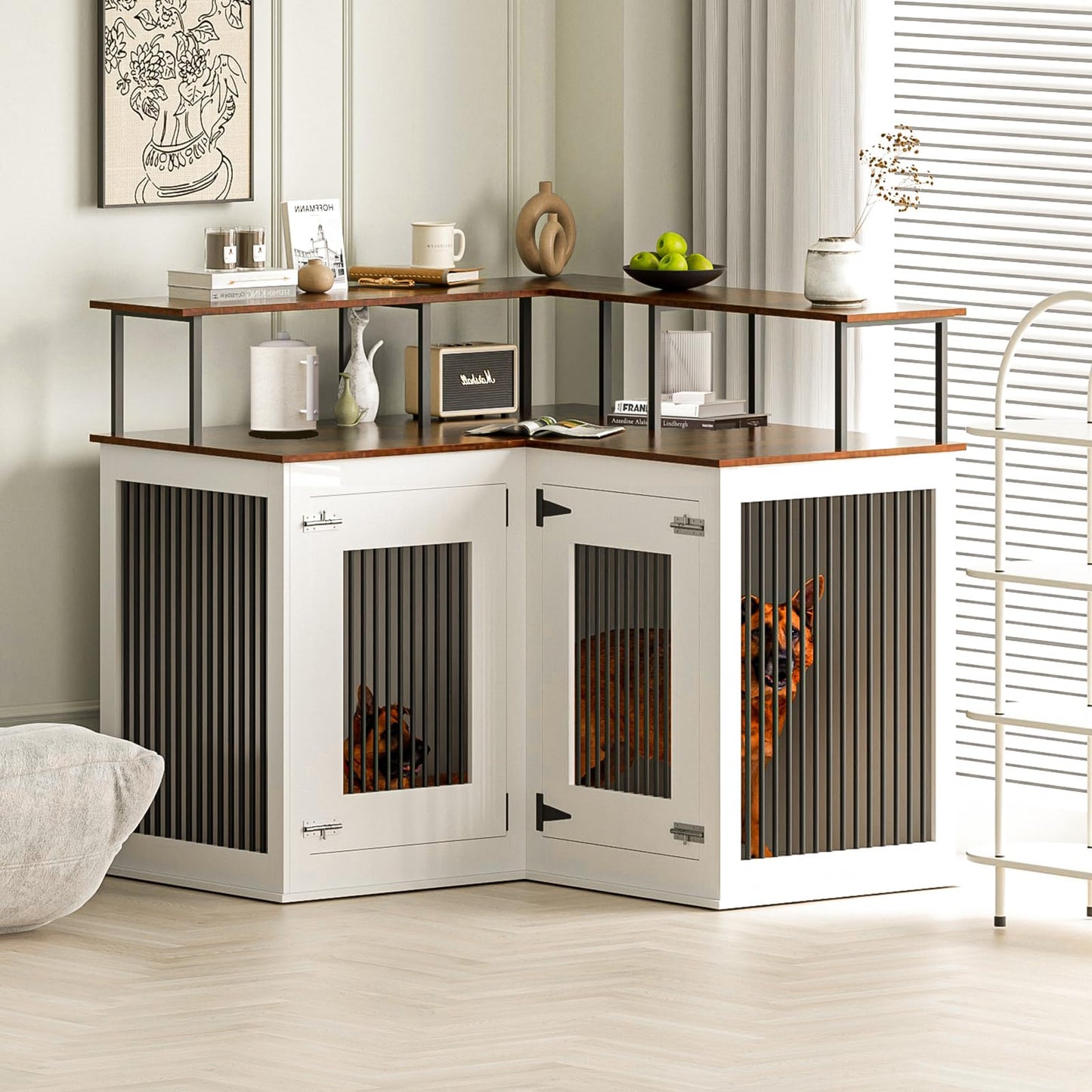 Corner Dog Crate Furniture, Decorative Dog Crate with Double Door Wooden Dog Crate Kennel Furniture with Divider Furniture Style Dog Crate End Table for Indoor Use (Black and White)