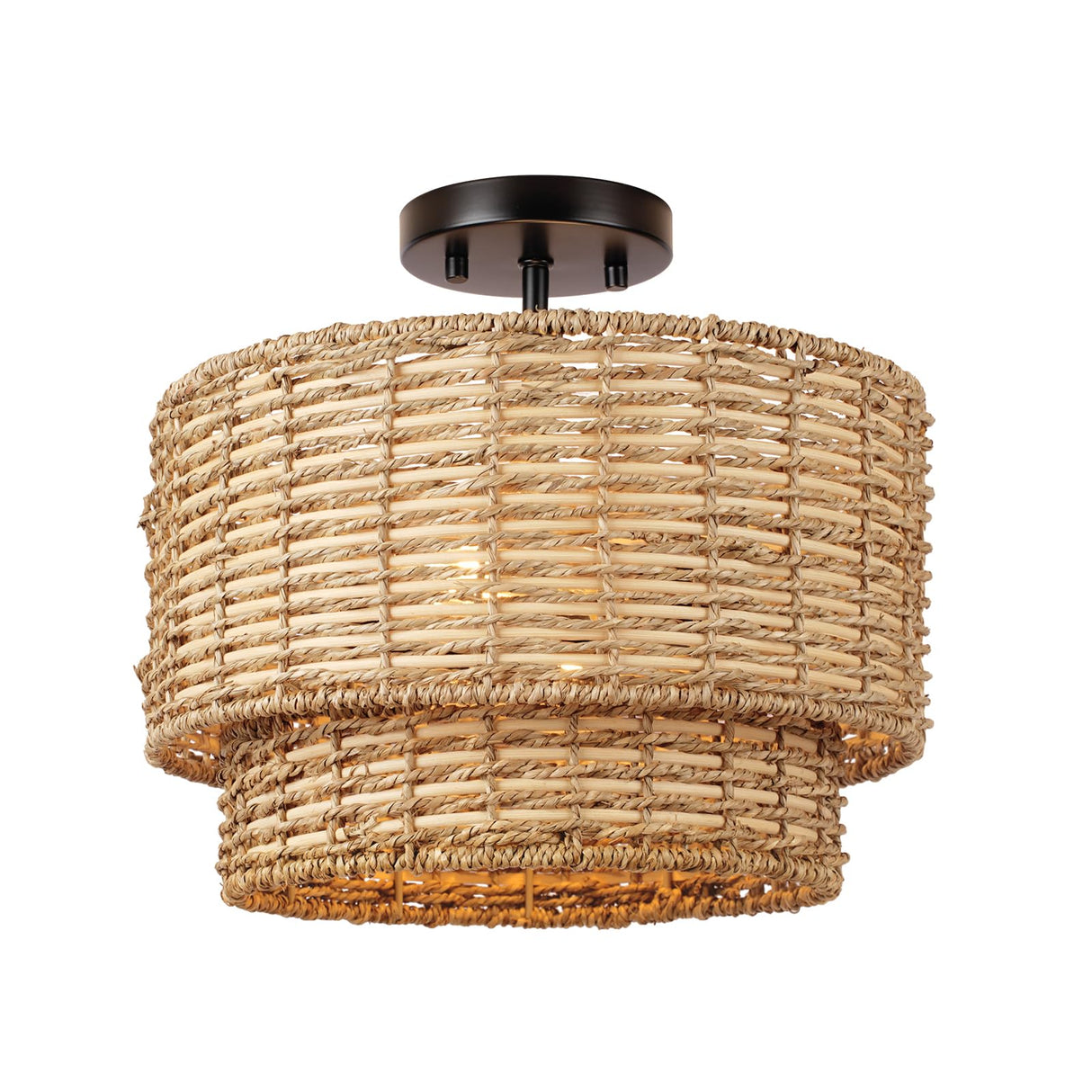 13" Woven Rattan-Style Boho Light Fixture Ceiling Mount,Farmhouse Rattan Semi Flush Mount Ceiling Light,Nursery Light Fixture With 2-Tier Drum Shade,Wicker Flush Ceiling Light for Bedroom Entryway Hermasgi