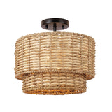 13" Woven Rattan-Style Boho Light Fixture Ceiling Mount,Farmhouse Rattan Semi Flush Mount Ceiling Light,Nursery Light Fixture With 2-Tier Drum Shade,Wicker Flush Ceiling Light for Bedroom Entryway Hermasgi