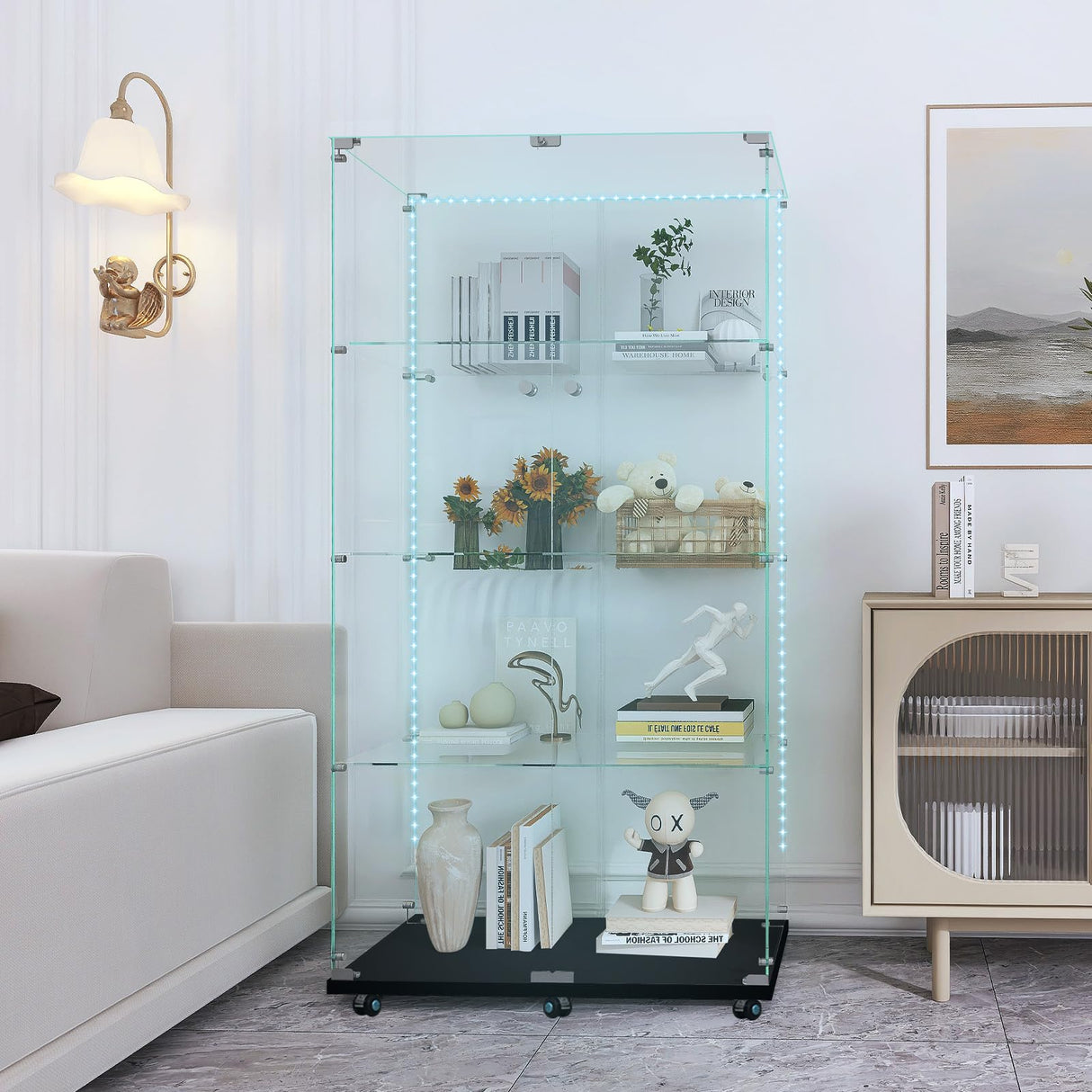 Glass Display Cabinet with 12 Color Lights and Lock 4-Tier 2-Door Curio Cabinets with Wheels Full Vision Showcase Tempered Glass Display Case for Living Room Bedroom Office, 65"*30.9"*13.6"Black Buzleer