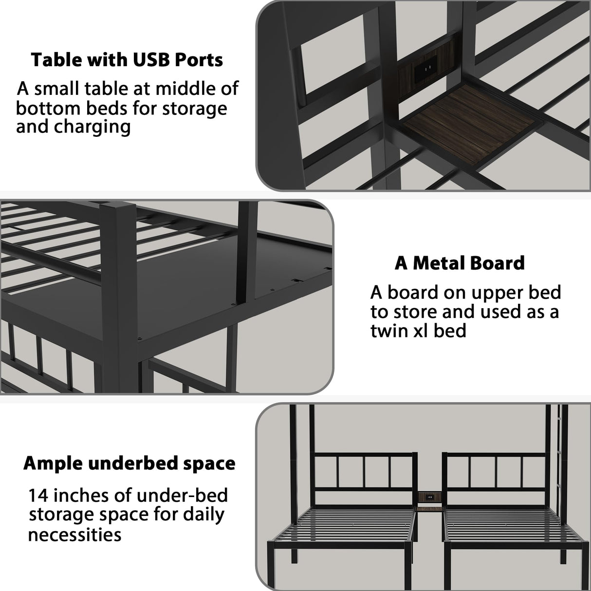 DreamBuck Triple Bunk Bed with Charging Station, Twin Over Twin Over Twin Metal Bunk Bed with Ladder, Guardrail & Storage Shelf, Convertible 3 Bunk Beds for Kids & Adults, Black DreamBuck