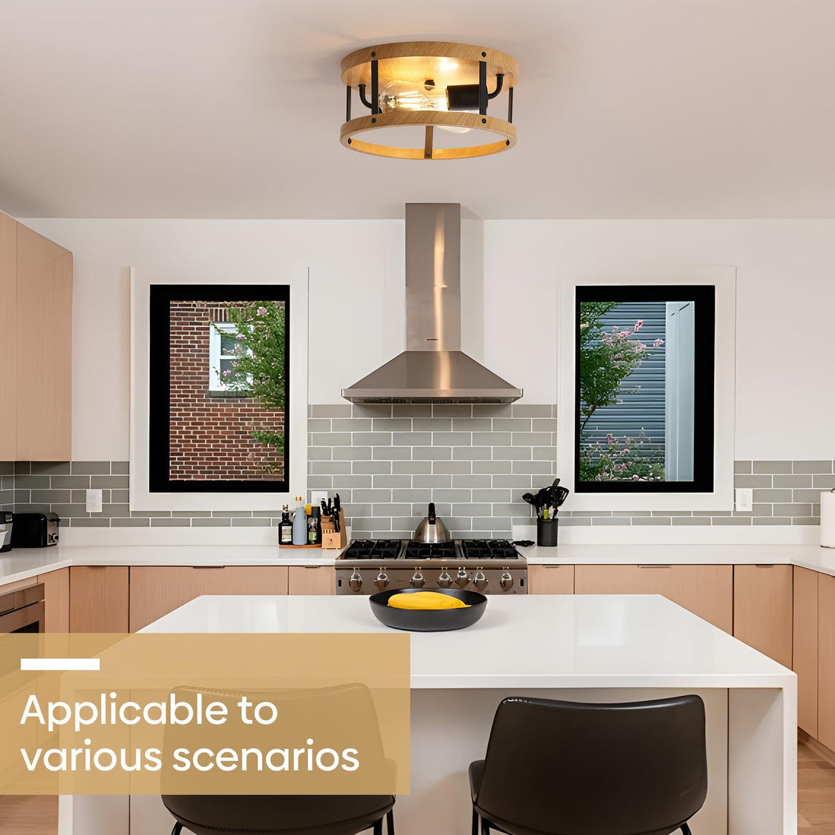 DOXVIEZE 2-Light Retro Close to Ceiling Light, Wood Finish Flush Mount Ceiling Light with Black Metal, Easy Assembled, Industrial Round Farmhouse Ceiling Lamp for Hallway Entryway Bedroom DOXVIEZE