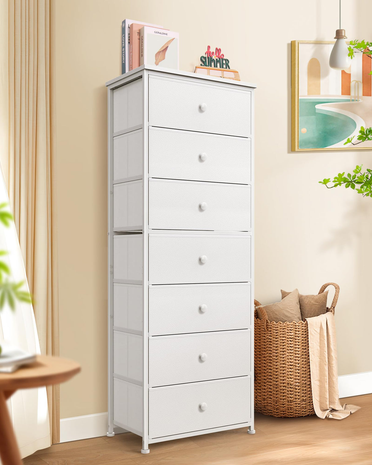 Mifuro Tall Fabric Dresser for Bedroom, Vertical Storage Organizer Tower with 7 Drawers, Chest of Drawers with Fabric Bins, Steel Frame, Wood Top for Bedroom, Closet, Entryway- White Mifuro