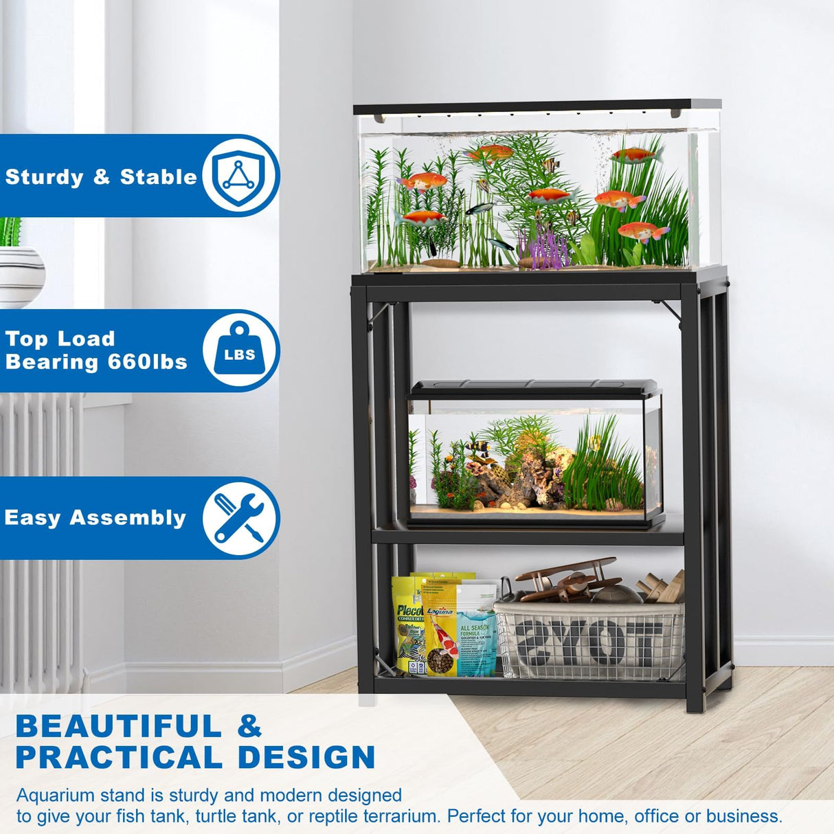 ZSLTLDU 20 Gallon Fish Tank Stand, 20 Gallon Aquarium Stand, 24.8" L x 13" W Reptile Tank Stand, Metal Adjustable Tank Stand for Home Office, 660LBS Capacity ZSLTLDU