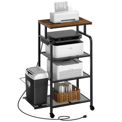 MAHANCRIS Printer Stand with Charging Station, Large Tall Printer Table with Wheels for Home Office, 4 Tier Printer Cart with Shredder Rack, Shelf for Printer Scanner, Rustic Brown PTHR114E01