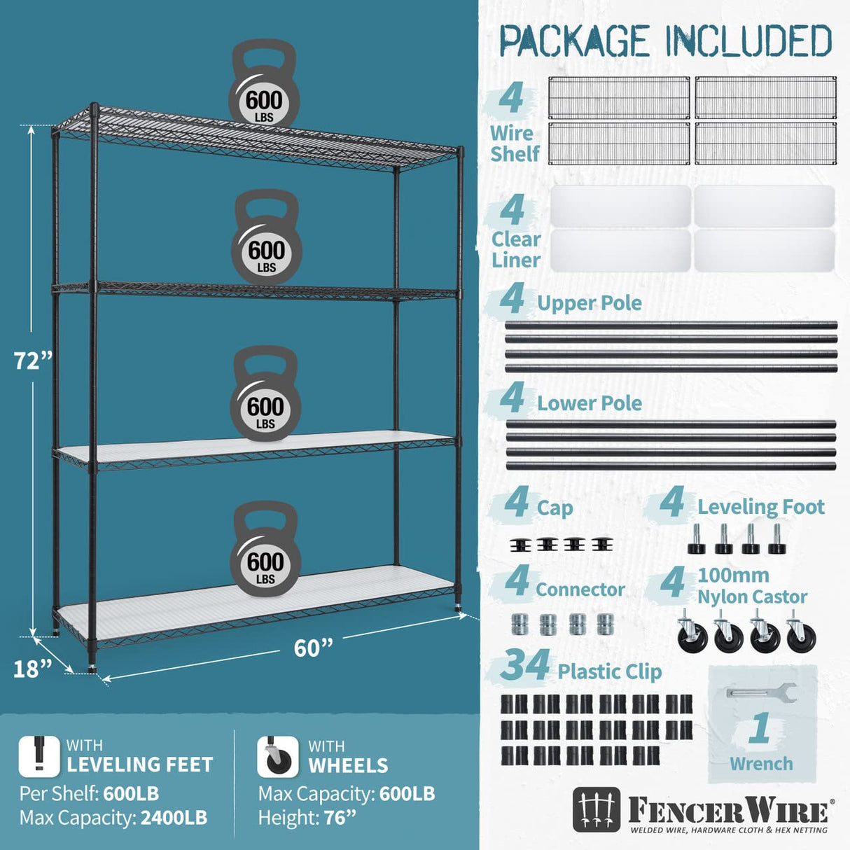Fencer Wire NSF Commercial Heavy Duty Wire Shelving w/Wheels, Leveling Feet & Liners, Kitchen Storage Shelf, Garage Shelving Storage, Utility Wire Rack Storage Shelves, w/Liner, 60 x 18 x 76 4-Tier Fencer Wire