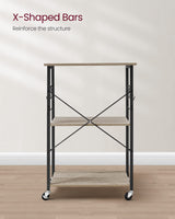 VASAGLE Kitchen Shelf on Wheels, Serving Cart with 3 Shelves, Kitchen Cart, Microwave Shelf, for Mini Oven, Toaster, with 6 Hooks, Industrial Style, Greige and Black UKKS060B02 VASAGLE