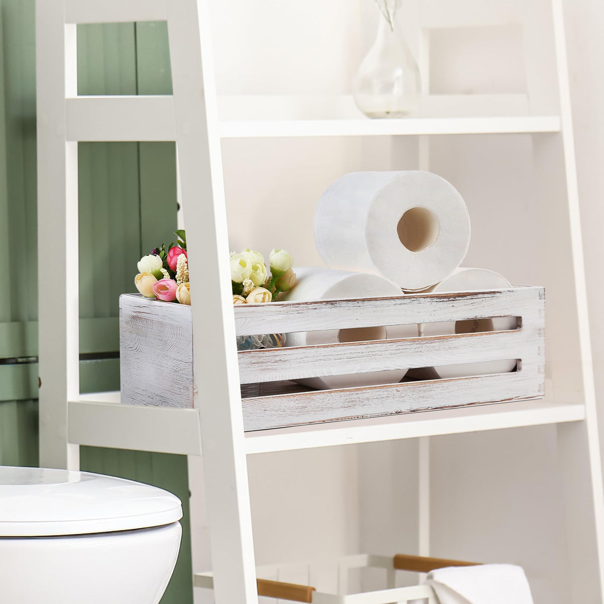 LotFancy Bathroom Decor Box, 2 Pack Wooden Toilet Paper Holder, White Toilet Storage Basket for Back of Toilet, Farmhouse Toilet Tank Topper LotFancy