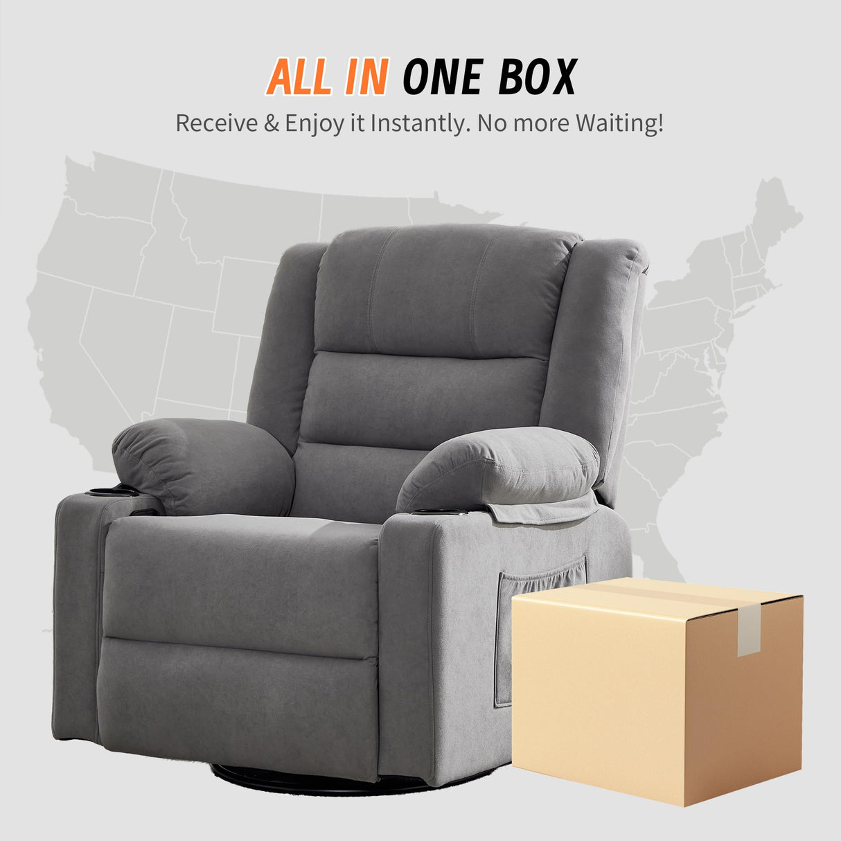 Sftaiyou 360°Swivel Rocker Recliner Chair for Adults,Manual Glider Recliner Sofa with Massage and Heating, Nursery Rocking Chairs with Cup Holds for Living Room Bedroom(Grey) Sftaiyou