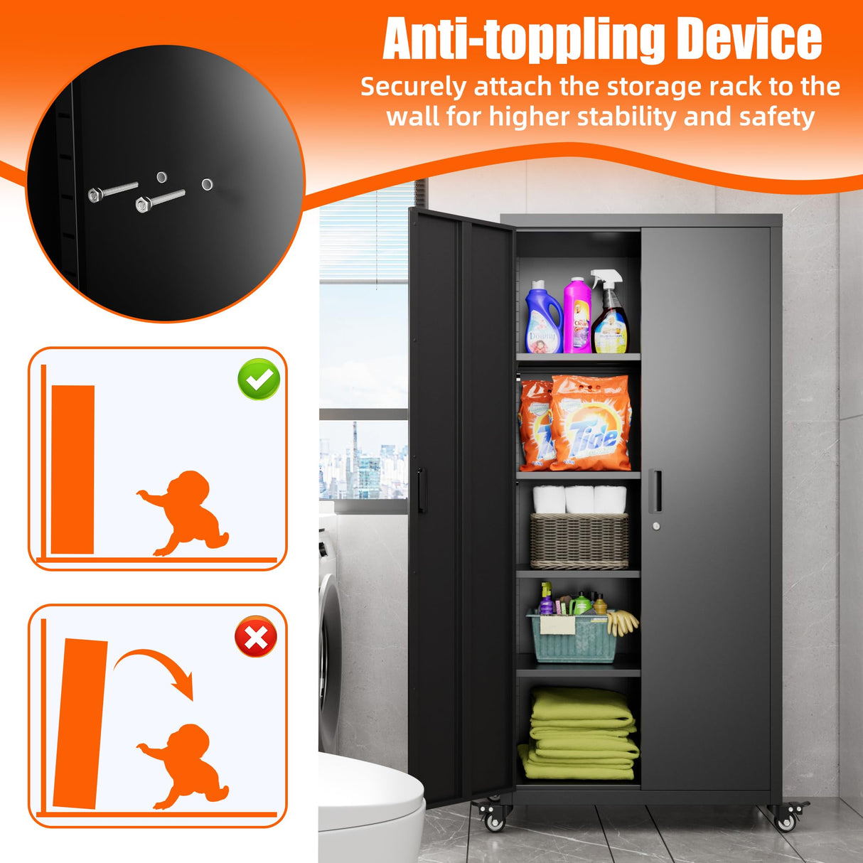 GangMei 73" H Garage Storage Cabinet with Optional Wheels, Metal Storage Cabinet with 2 Doors and 4 Adjustable Shelves for Garage Home Office, Black, Assembly Required, GangMei