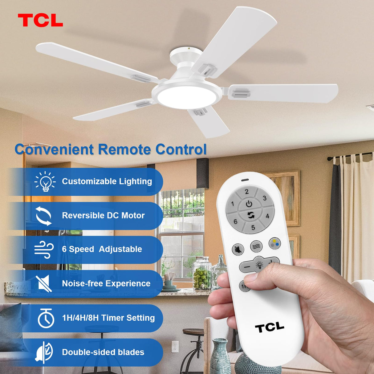 TCL Ceiling Fans with Lights, 52 Inch Low Profile Ceiling Fan with Light and Remote Control, Flush Mount, DC Reversible Motor, Noiseless, 6 Speeds Ceiling Fan for Bedroom (White) TCL