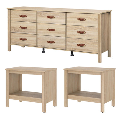 WAMPAT 3 Pieces Bedroom Set, Modern Nightstand Set of 2 & 9 Drawer Dresser Combination, CIassic Bedroom Furniture with Storage,Oak - WoodArtSupply