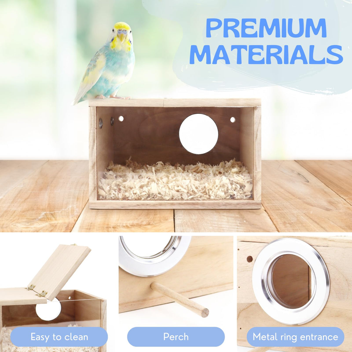 TiereCare Parakeet Nesting Box - Visual Wooden Bird Nest Breeding Box - Bird Cage House with Perch for Lovebirds Cockatiel Budgie Finch Parrot Tierecare