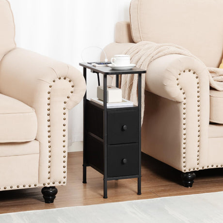 LOAKEKEL Narrow End Table Living Room with Charging Station, Skinny Side Table with Fabric Drawers, Slim Nightstand for Bedroom, Small Spaces, Couch, Black, HETNDP02BK-1 LOAKEKEL