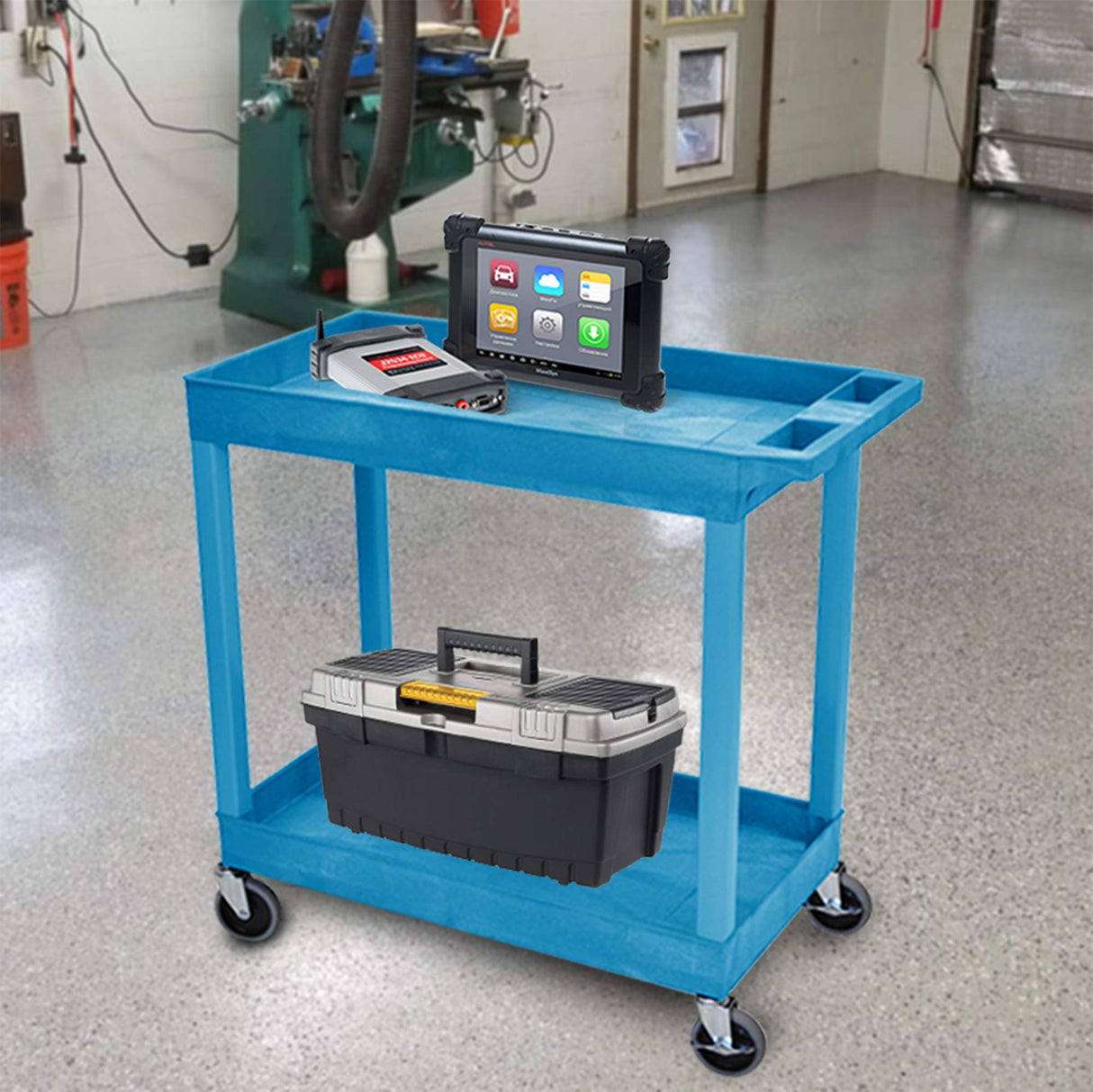 LUXOR EC11-BU Plastic Utility Tub Cart with Two Shelves 2.5" Deep Each, 400 lbs. Weight Capacity, Ergonomic Push Handle, Blue Luxor