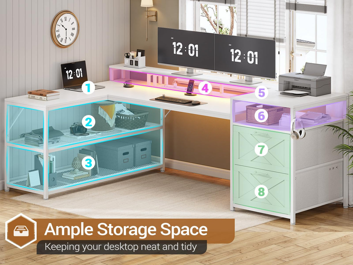 SEDETA 67" L Shaped Desk with Drawers, Computer Office Desk with Storage Shelves & Power Outlet, Reversible Gaming Desk with LED Lights for Home Office, White SEDETA