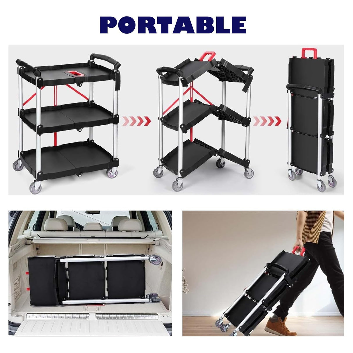 Folding Service Cart Heavy Duty 176 LBS w/ 360° Swivel Wheels Ergonomic Red Handle Foldable Utility Cart for Office Garage Home Kitchen Storage Collapsible Tool Cart COZONY