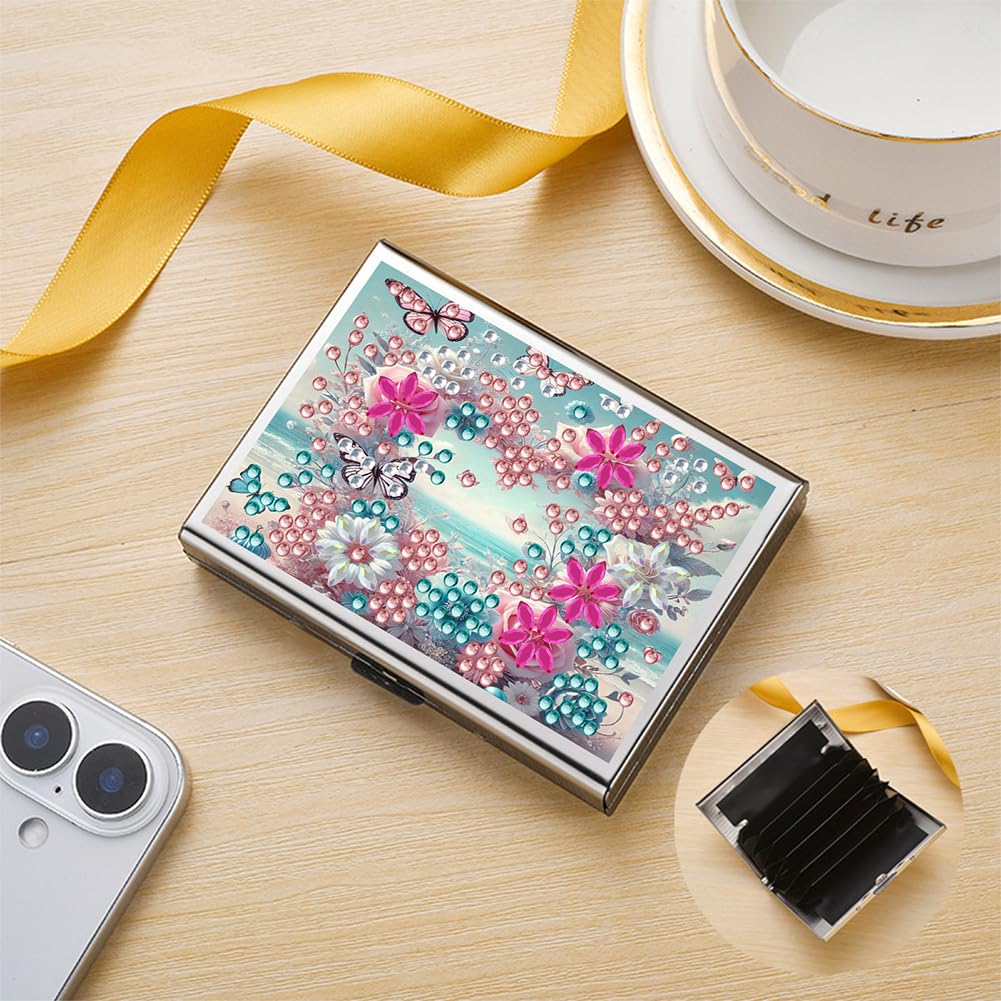 Stainless Steel Diamond Art Card Holder for Adults, Heart Flower Design 9.5x6.5cm Anti-demagnetization Credit Card Wallet with Zipper WoodArtSupply