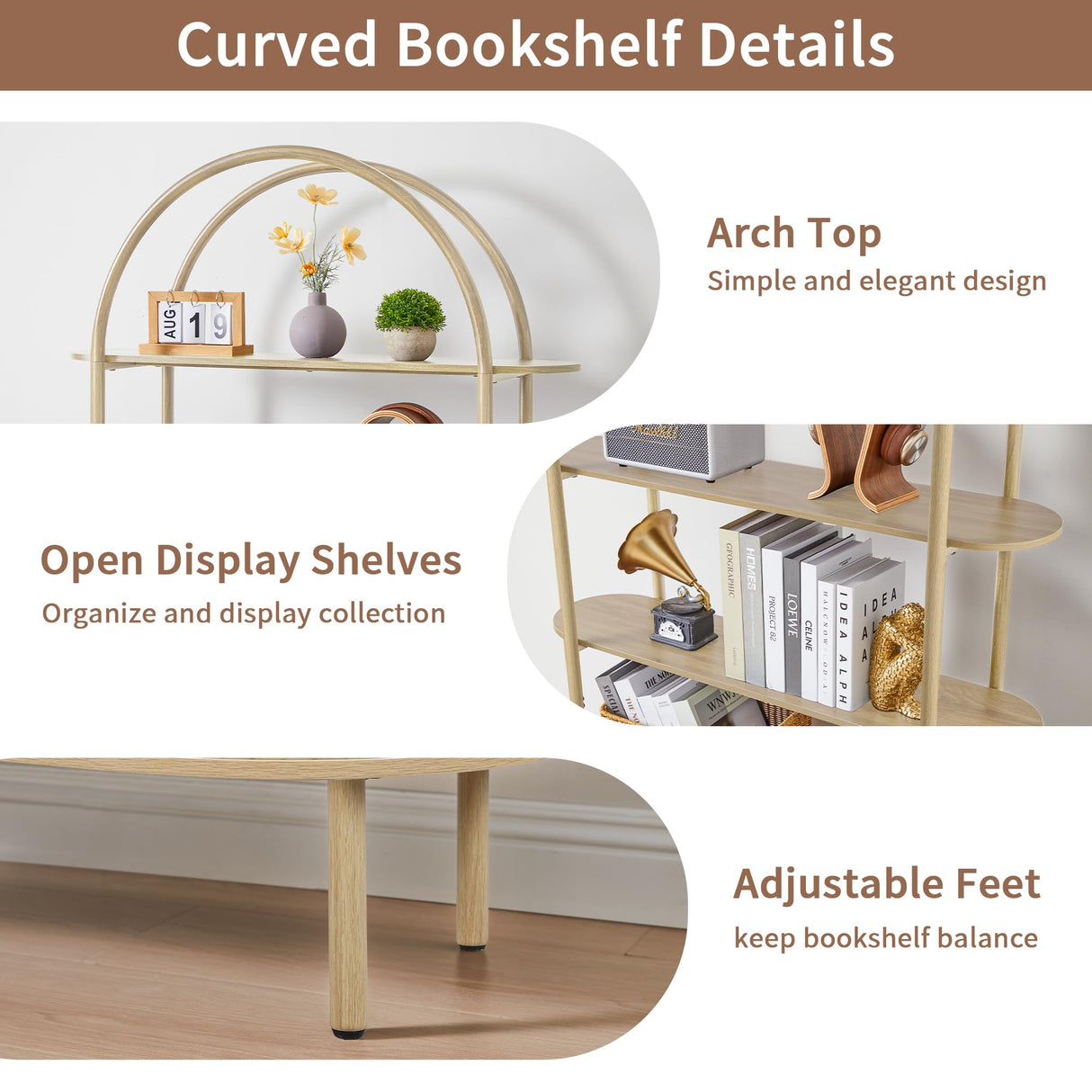 79" Tall Arched Bookshelf with Sliding Tambour Doors, Mid Century Modern Curved Bookcase Cabinet with Storage, 4-Tier Open Display Storage Shelf for Home Office, Living Room (Natural, 79inch) Janmer Home