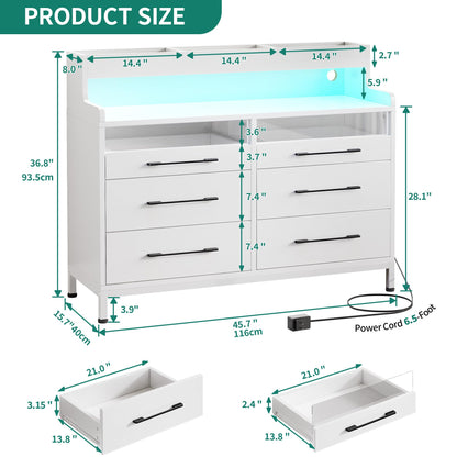 YITAHOME Dressers with LED Lights, 6 Drawer Dressers & Chests of Drawers, Modern Wood Dresser with Open Shelf Storage for Room, Entryway, Hallway, White