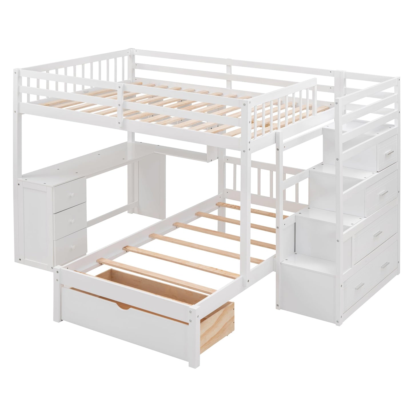 RuiSiSi Full Over Twin Bunk Beds with Stairs & Desk, Solid Wood Loft Bunk Bed with Storage Stairs Shelves and Drawers, Stairway Bunk Bed with Desk and Bookcase for Kids Teens Adults, White