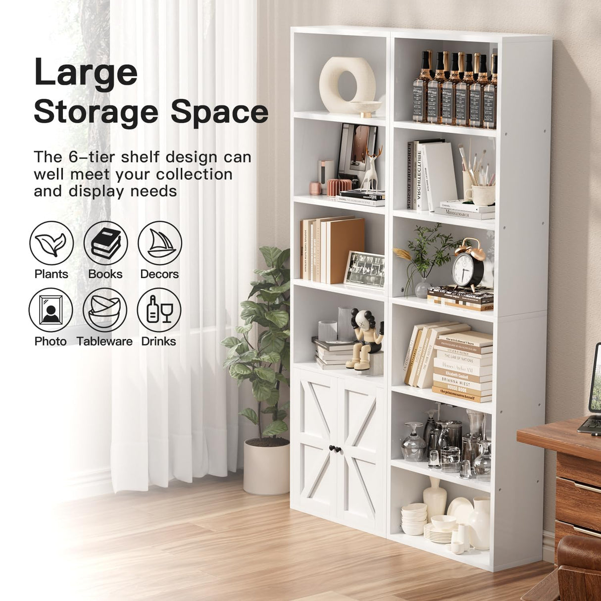 OneBlis 71.5" Bookshelf and Bookcase, 6-Tier Bookshelves with Cabinet Doors, Tall Display Shelves with Storage for Home Office, Living Room (White) OneBlis