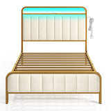 Rolanstar Twin Size Bed Frame with LED Light and Charging Station, Upholstered Headboard and Footboard, Metal Slat, Noise Free, Easy Assembly, Golden Rolanstar
