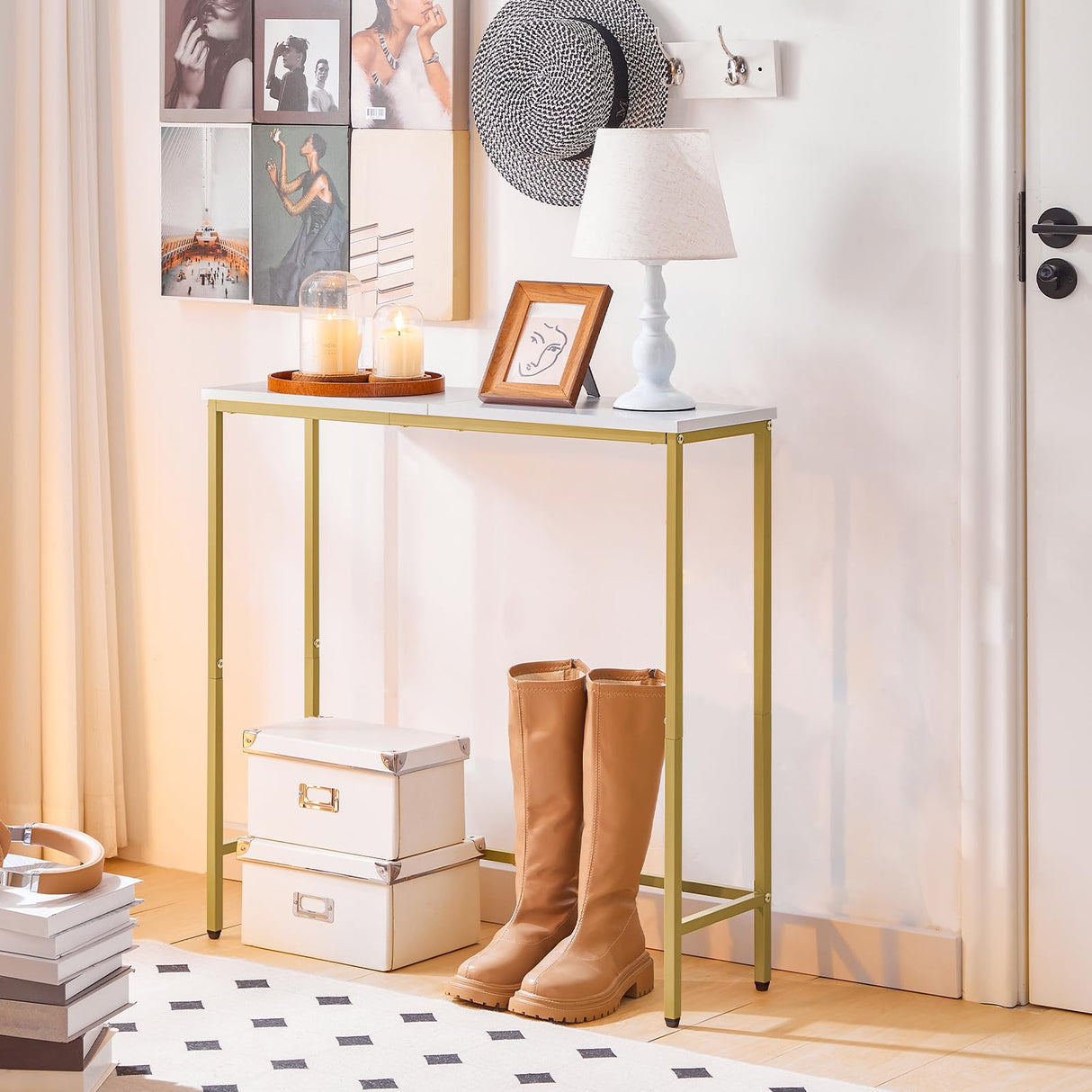 HOOBRO Narrow Console Table, 29.5" Small Entryway Table, Thin Sofa Table, Side Table, Display Table, for Hallway, Bedroom, Living Room, Foyer, White and Gold DW75XG01 HOOBRO