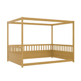 Full Size Canopy Bed Frame with 4 Posters and Guardrails, Full Size Montessori Floor Bed with High Fence, Natural Bellemave