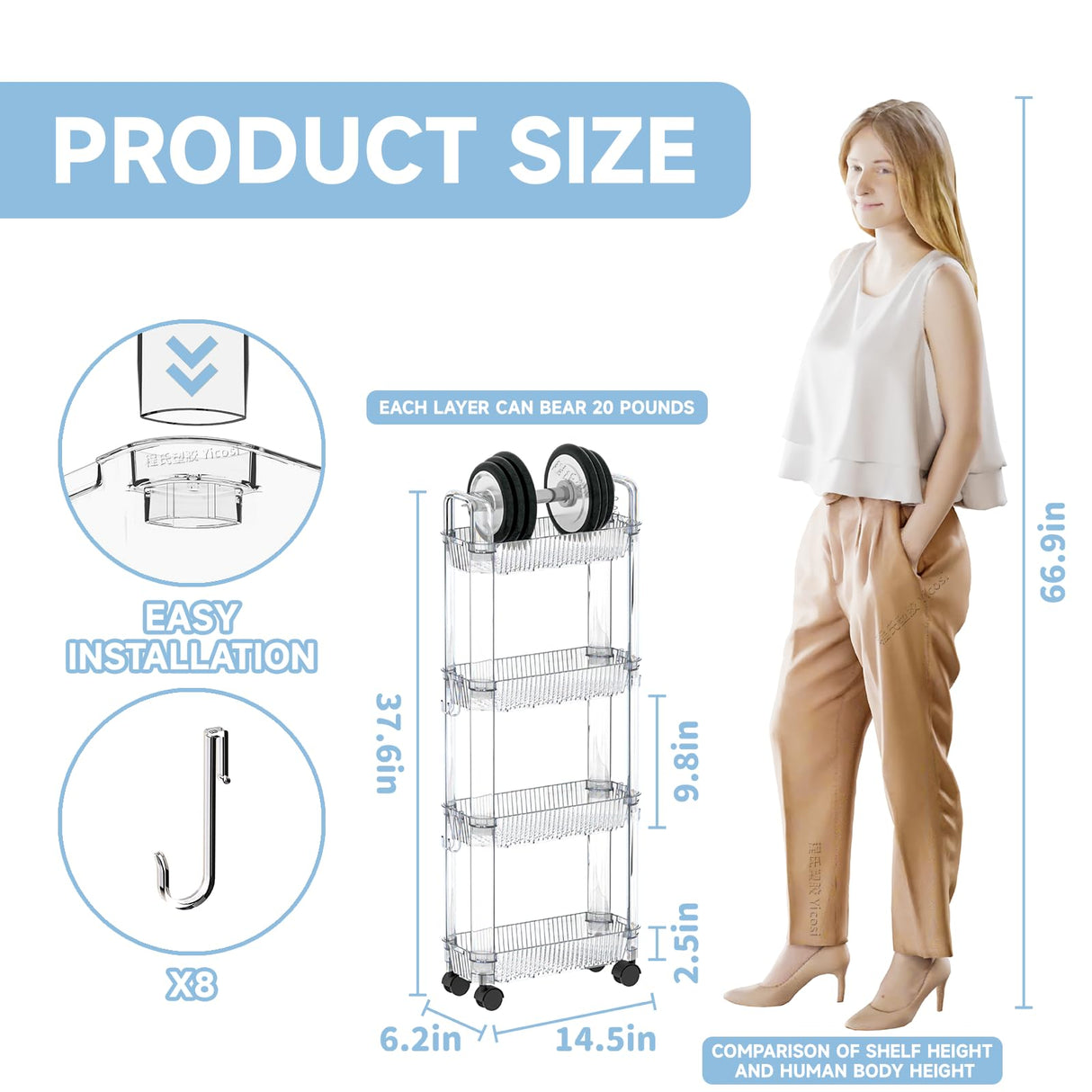 Yieach 4 Tier Rolling Cart with Wheels,Clear Narrow Bathroom Rack Organizer,Slim Storage Cart,Three Tier Thin Shelf and Narrow Rolling Utility Cart for Small Space Shelf,Dorm Room,Kitchen,Laundry Yieach