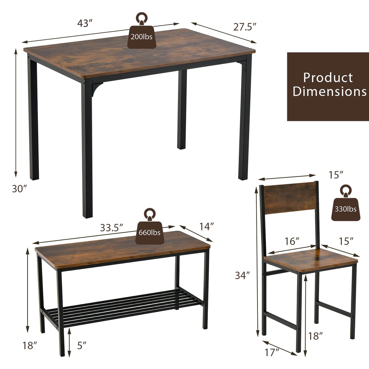 Giantex Dining Table Set for 4, Kitchen Table with Bench and Chairs, Industrial Gathering Bench Dining Set W/Metal Frame & Storage Rack, Dinette Set, Modern Functional Desk Set (Coffee) - WoodArtSupply