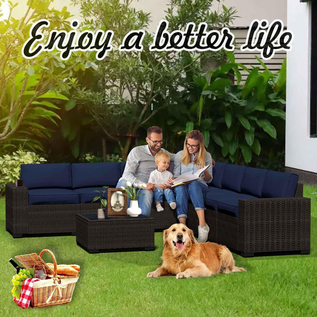 8pcs Patio Outdoor Furniture Set, Waterproof Wicker Sectional Couch Outdoor Big Sofa with Thick Cushions, All-Weather PE Rattan 8 Pieces Patio Conversation Sets for Porch,Backyard,Garden SHGJ&SOFT