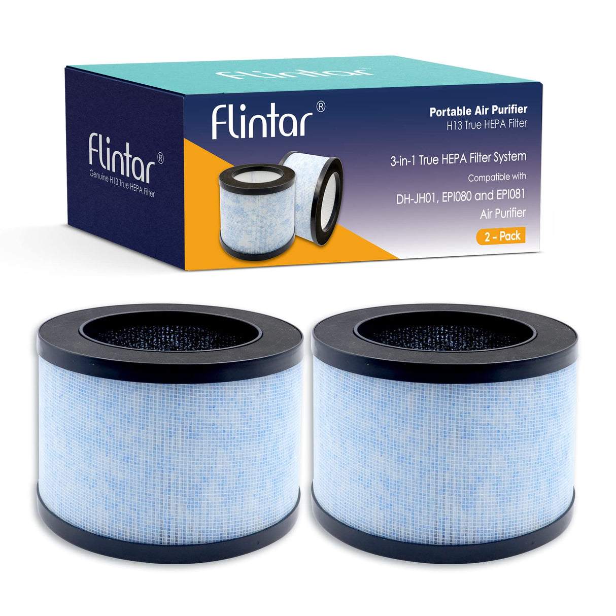 Flintar True HEPA Replacement Filter, Compatible with AROEVE MK01 MK06 and Kloudi Air Purifier DH-JH01, TZ-K1, Intelabe EPI080, and Elechomes EPI081, H13 Premium True HEPA Filter, 2-Pack Flintar