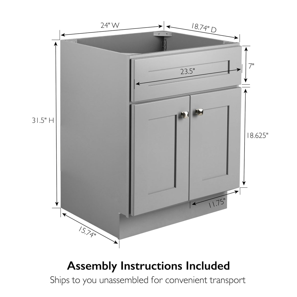 Design House 587063 Bath Modern Unassembled 2-Door Shaker Bathroom Vanity Cabinet Only, 24 x 18,Grey Design House