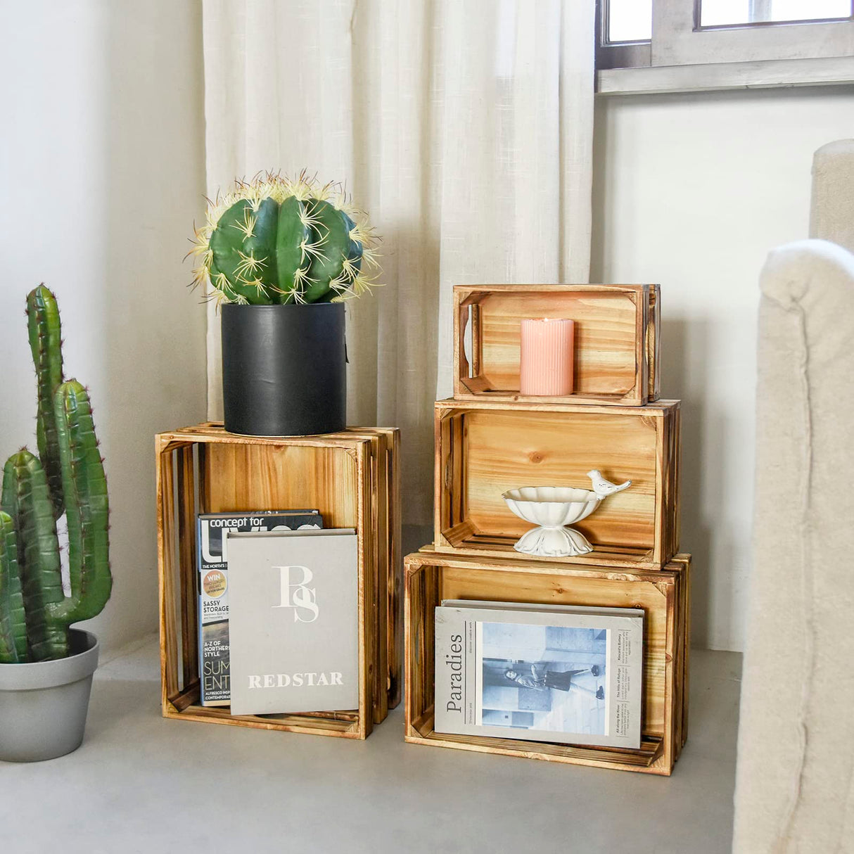 JUMBO HUMBLE Large Torched Wood Storage Crates Decorative, Set of 4 Nesting Wooden Crates for Display Rustic, Farmhouse Wooden Storage Container Boxes Made from 100% Wood JUMBO HUMBLE