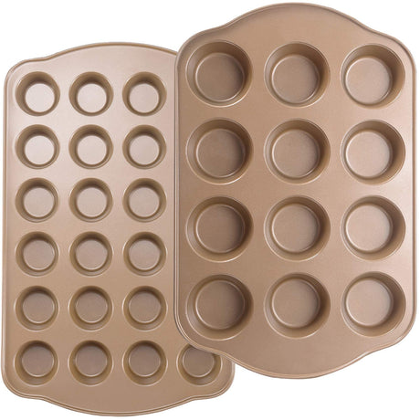 JOHO BAKING Nonstick Muffin Pan, Mini Cupcake Pan Set, Muffin Tins for Baking, 2 Pack, 12-Cup and 24-Cup, Gold JOHO BAKING