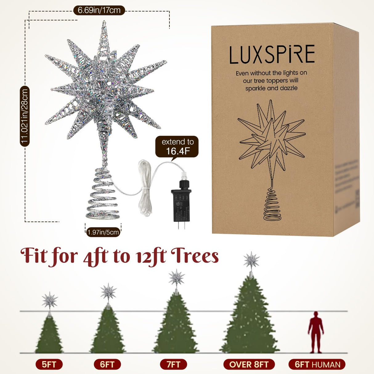 Luxspire Christmas Tree Topper, 3D Star Lighted Tree Topper, Christmas Decorations, Plug in Christmas Tree Topper with Timer, Silver Luxspire