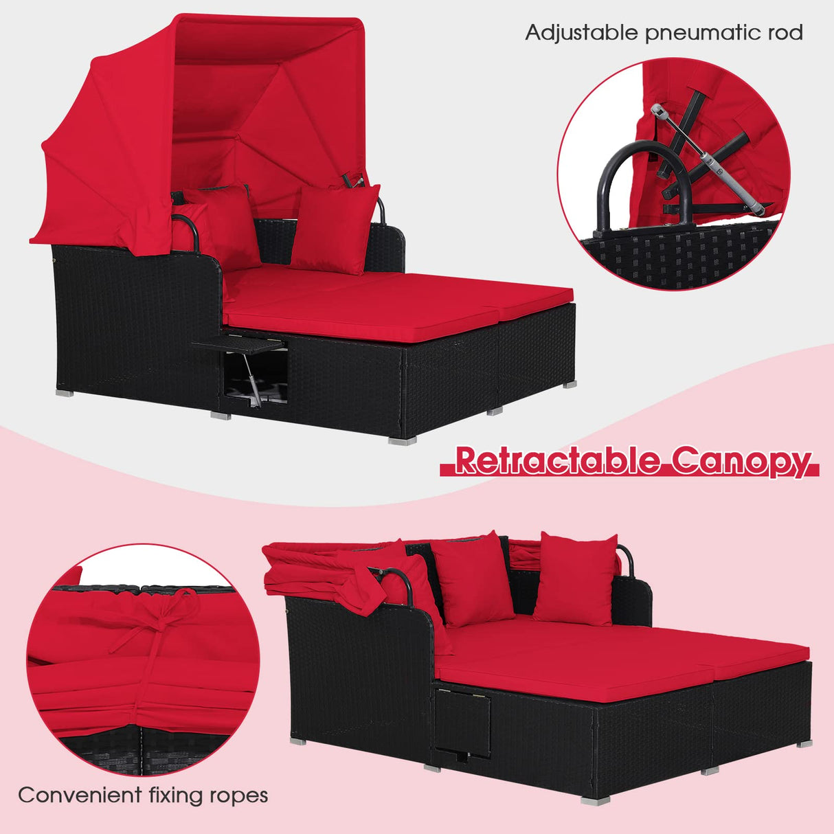 RELAX4LIFE Patio Outdoor Daybed with Canopy, Wicker Sunbed w/Cushions, 4 Pillows & 2 Retractable Side Trays, 2-Person Lounge Bed Conversation for Poolside Porch Garden, Rattan Outdoor Bed (Red) RELAX4LIFE