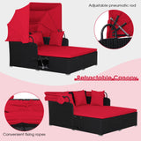 RELAX4LIFE Patio Outdoor Daybed with Canopy, Wicker Sunbed w/Cushions, 4 Pillows & 2 Retractable Side Trays, 2-Person Lounge Bed Conversation for Poolside Porch Garden, Rattan Outdoor Bed (Red) RELAX4LIFE