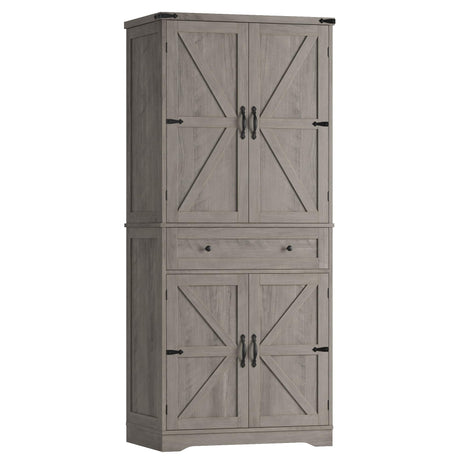 HOSTACK 71" Tall Pantry Cabinet, Farmhouse Kitchen Pantry with Storage Shelves, Barn Doors Food Storage Cabinet, Freestanding Kitchen Hutch with Large Drawer for Dining Room, Living Room, Ash Gray HOSTACK