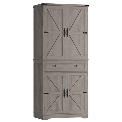 HOSTACK 71" Tall Pantry Cabinet, Farmhouse Kitchen Pantry with Storage Shelves, Barn Doors Food Storage Cabinet, Freestanding Kitchen Hutch with Large Drawer for Dining Room, Living Room, Ash Gray