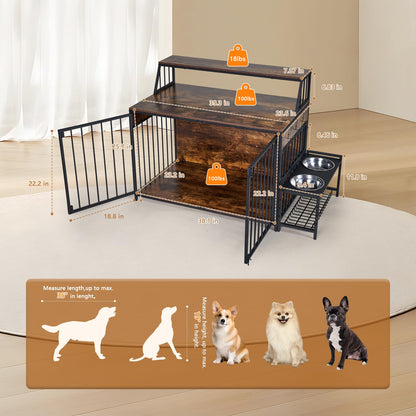 LitaiL Large Dog Crate Furniture with Elevated Dog Bowls, 39 Inch Wooden Dog Kennel with 3 Doors & 2-Layer Storage Shelves, Anti-Chew Heavy Duty Dog Cage for Dogs up to 70lb, Rustic Brown - WoodArtSupply