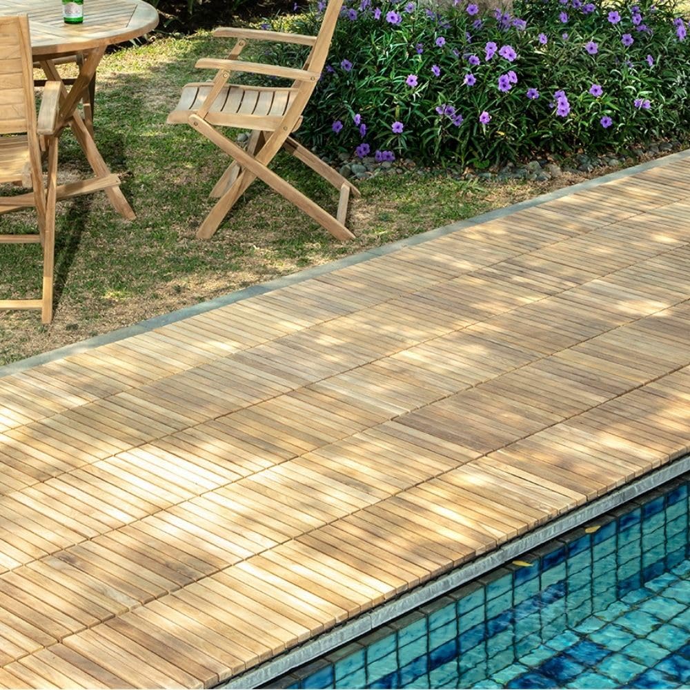 Nordic Style Teak Interlocking Tiles - Wooden Floor Tile Set for Indoor and Outdoor Use - Perfect for Sauna, Patio, Deck, Spa Floors - 10 Square Feet (12" x 12" - 9 Slat Design, Natural Finish)