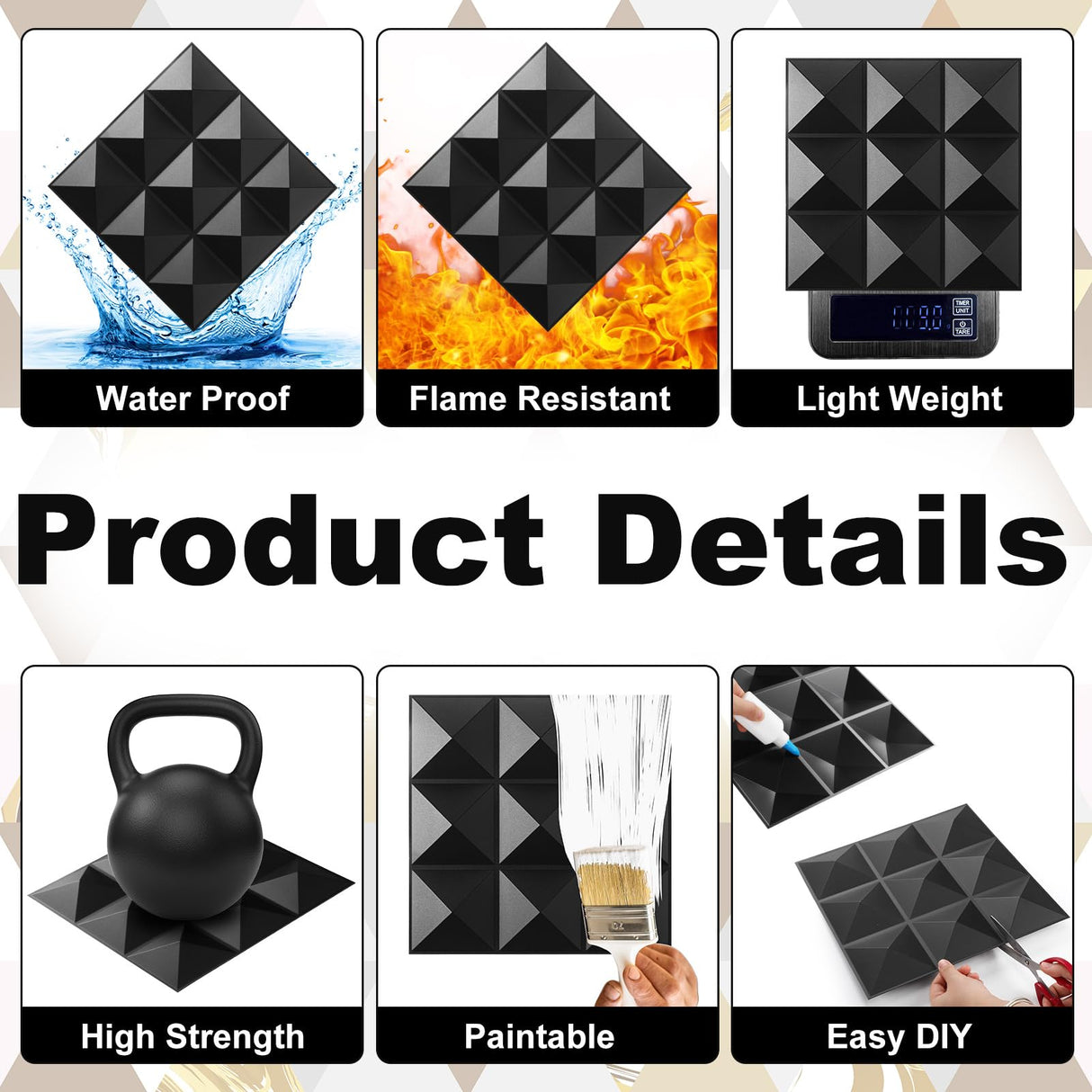 Fulmoon 50 Pcs 3D Wall Panel PVC Textured Wall Panels Decorative 12 x 12 Inches Wall Tiles for Living Room Lobby Bedroom Office Hotel Interior Wall Decor Ceiling Bathroom (Matte Black) Fulmoon