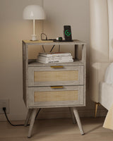 JOONEE Rattan Nightstand with Charging Station,Farmhouse Bedside Table with 2 Storage Drawer and Open Wood Shelf, for Bedroom and Small Spaces,Night Stand with Solid Wood Legs (Grey Oak-Outlet) JOONEE